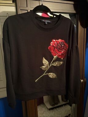 Crop Black Sweatshirt with Red Sequin Rose
